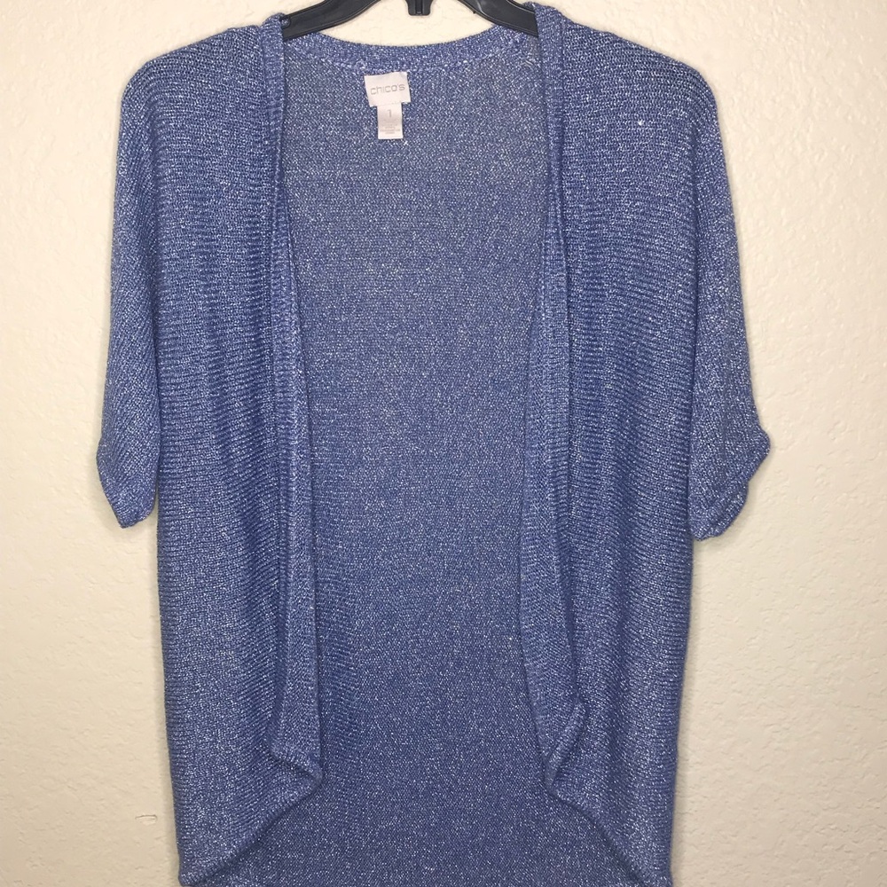 Chico’s sparkly blue open front cardigan size med